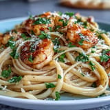Tender shrimp tossed with linguine in a zesty white wine sauce.
