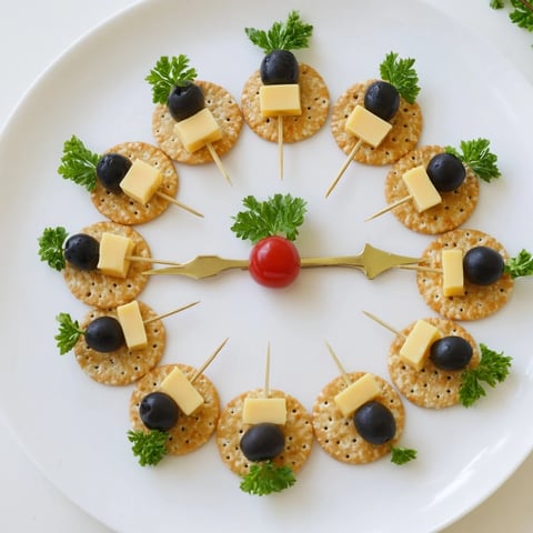 Appetizing New Year's Clock Countdown platter with cheddar and Swiss cheese cubes ready for the New Year's Eve party.