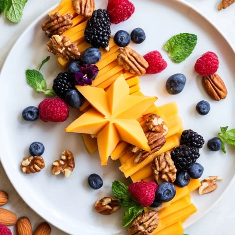 Close-up of The Shooting Star Cheese Board, a creamy star cheese with mixed nuts and vibrant berries.