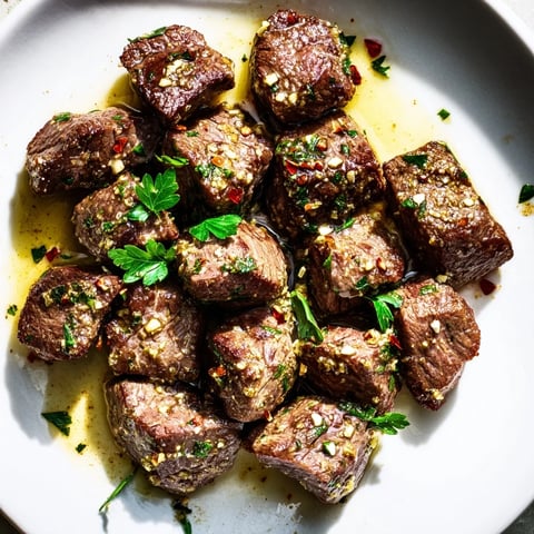 Golden-brown garlic butter steak bites, glistening, ready to eat for a delicious dinner.