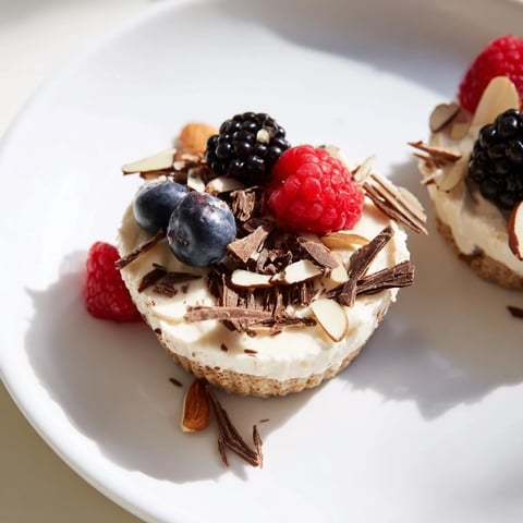 Protein Cheesecake Cups with vibrant berries bursting from creamy cheesecake filling, ready to enjoy.