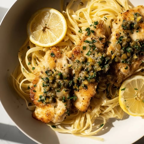 Quick Chicken Piccata Pasta with a vibrant lemon sauce, capers, and tender chicken for a lively dish.