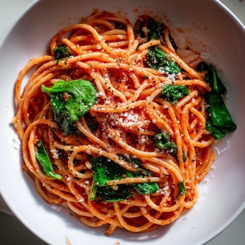 A steaming bowl of quick marinara pasta with spinach, ready to be devoured.