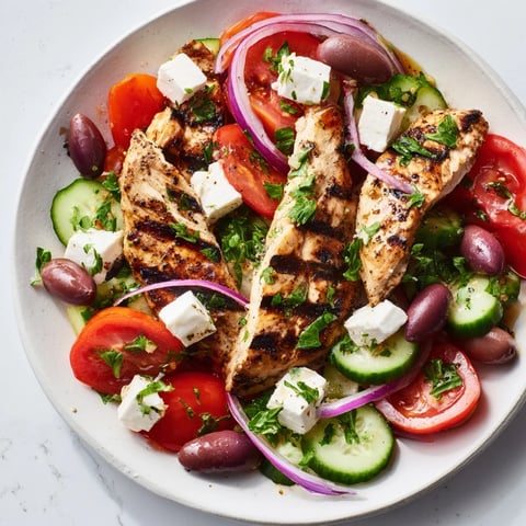 Greek salad with grilled chicken, boasting vibrant colors and flavors, perfect for a light, healthy dinner at home.