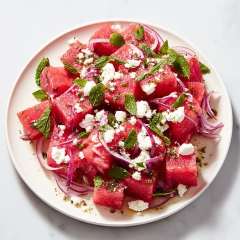 Vibrant watermelon feta salad, a refreshing mix of sweet melon and salty cheese, ready to enjoy.