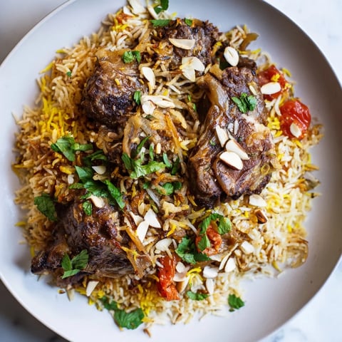 A flavorful Qatari Majboos features tender lamb over fluffy, fragrant basmati rice with spices.