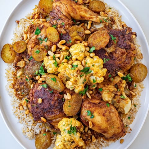 A steaming plate of Palestinian Maklouba, a flavorful rice dish with golden cauliflower and chicken.