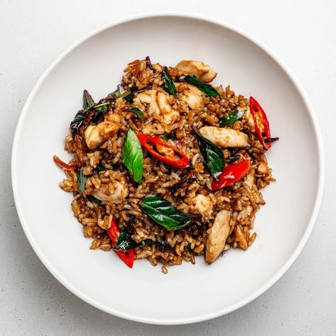 Sizzling Thai Basil Chicken Fried Rice steaming from a hot wok, dotted with fresh holy basil and chili slices, served with lime wedges for brightness.