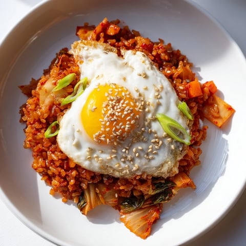 Crispy-edged kimchi fried rice sizzles in a skillet, topped with a golden sunny-side-up egg and fresh scallions.  