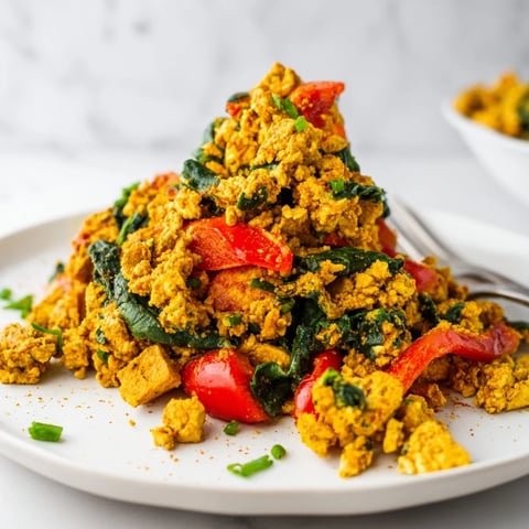 Golden tofu scramble with diced bell peppers, onions, spinach, and tomatoes served in a skillet for a savory vegan breakfast.  
