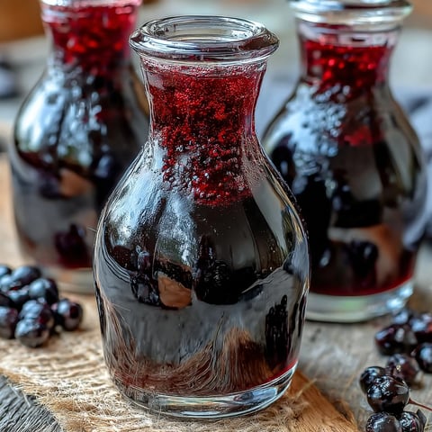 Dark purple Crème de Cassis liqueur glistens in a clear glass bottle, with fresh blackcurrants and a vanilla bean beside it.