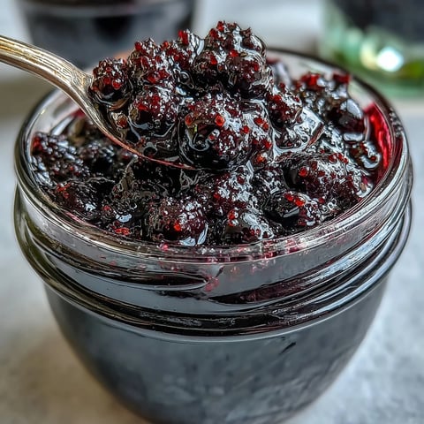 Garnished bottle of Easy Blackcurrant Liqueur served over clear ice with fresh berries nearby.