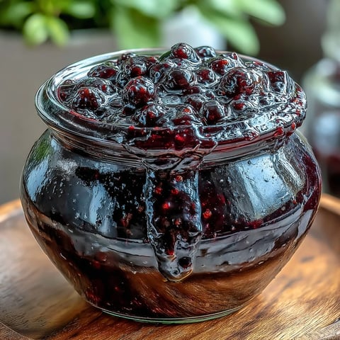A jar of vibrant Homemade Black Currant Jam glows with deep purple, surrounded by fresh berries on a rustic wooden table.