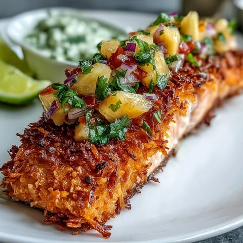 Golden-brown coconut crusted salmon fillets topped with fresh pineapple salsa and a lime wedge.
