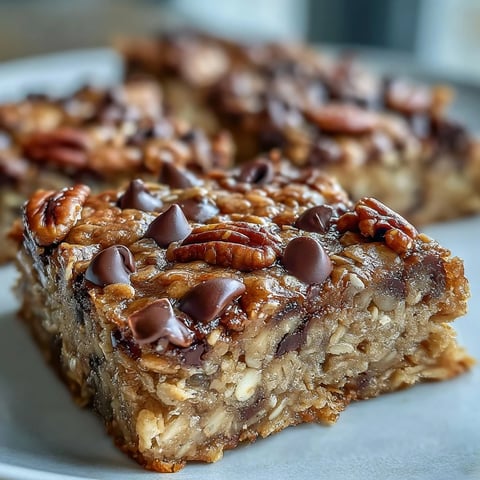 Chewy baked oatmeal bars packed with ripe bananas, warm from the oven and ready for a quick breakfast.