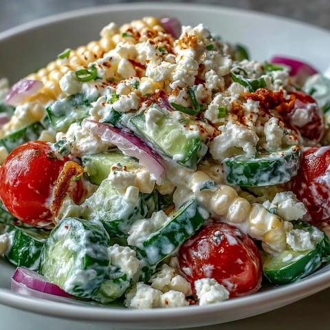 A vibrant bowl of Street Corn Creamy Cucumber Salad with sweet corn, diced cucumbers, and creamy feta cheese for a refreshing summer appetizer.