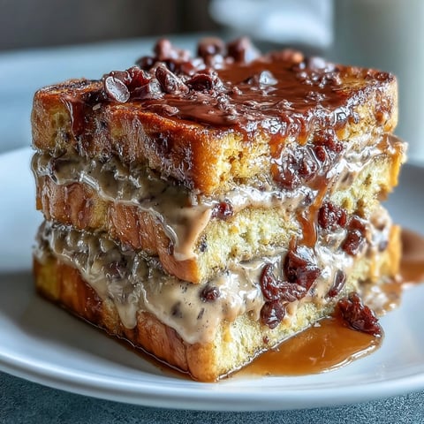 Golden-brown High-Protein Peanut Butter & Chocolate Baked French Toast casserole topped with melted chocolate chips and fresh berries.