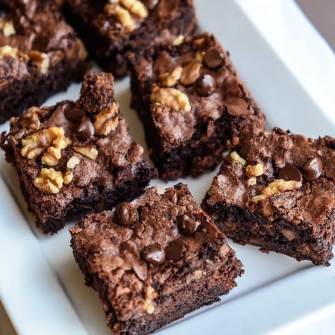 A warm serving of fudgy walnut brownies, rich and dense, with visible crunchy walnuts throughout.