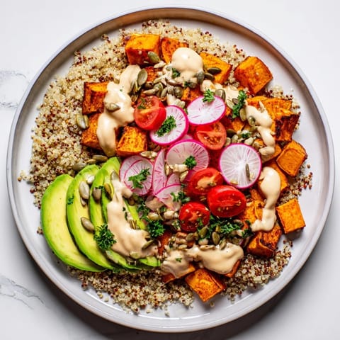 Colorful Complete Veggie Bowl topped with toasted pepitas, a healthy and delicious vegetarian meal.