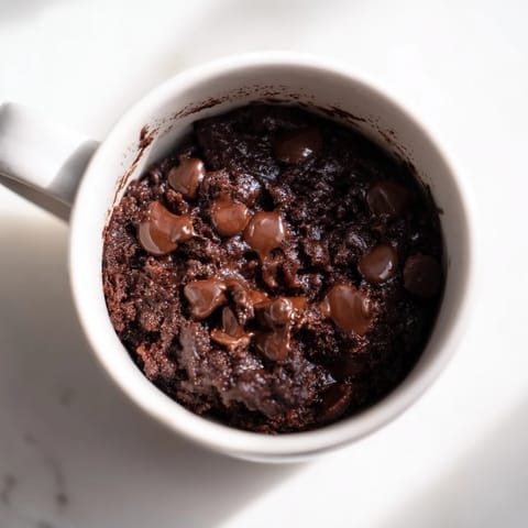 Warm, individual chocolate mug cake, fresh from the microwave, ready to be enjoyed.