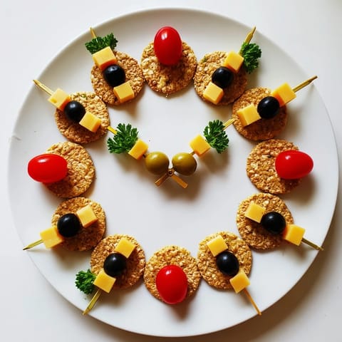 Vibrant arrangement of a New Year's Clock Countdown appetizer, featuring olives and crackers for celebration.