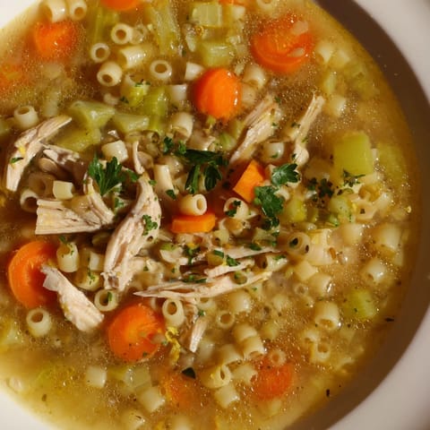 Hearty Chicken and Ditalini Flu Fighter Soup, a bowl of comforting pasta and broth.