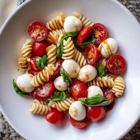 Fresh Caprese Pasta Salad: ripe tomatoes and creamy mozzarella mixed with pasta, drizzled in balsamic.