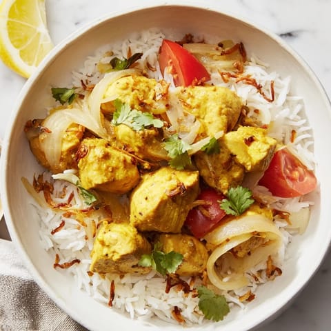 Golden-hued Easy Chicken Biryani, a one-pot Indian meal with perfectly cooked rice and juicy chicken pieces.