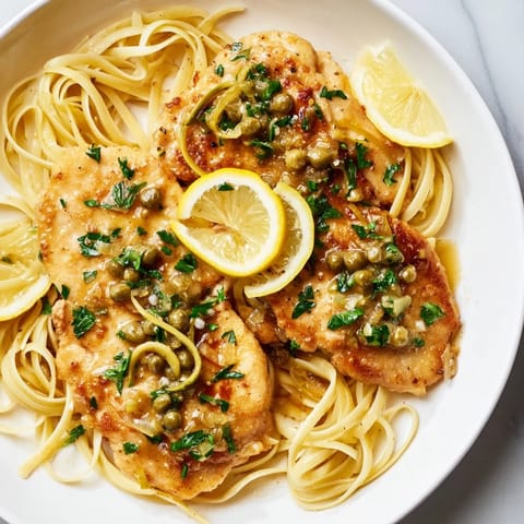A steaming plate of Quick Chicken Piccata Pasta, garnished with parsley and lemon slices; a delicious meal.