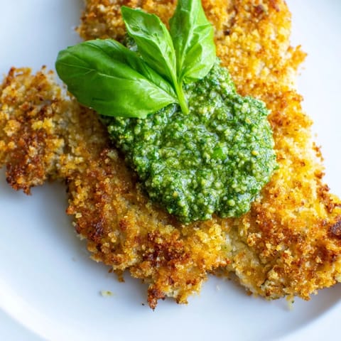 A close-up of Crispy Pesto Chicken Cutlets showing a crunchy Parmesan crust and juicy interior, served with lemon wedges for squeezing.  