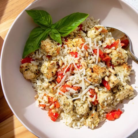 Enjoy a comforting Chicken Pesto Rice Bowl featuring tender chicken in basil pesto over warm rice with fresh tomatoes.
