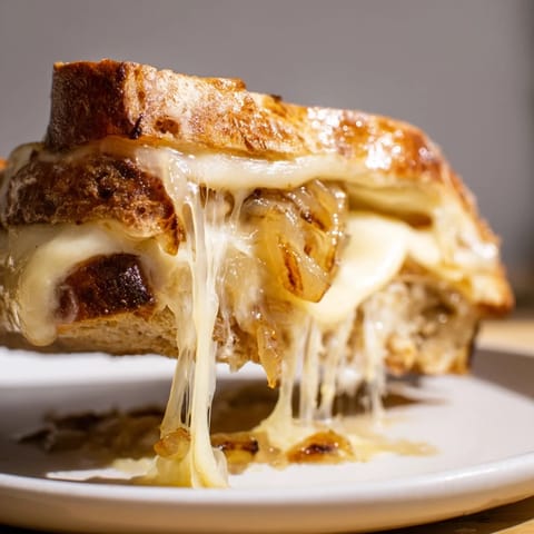 Close-up of a gourmet Caramelized Onion & Gruyère Grilled Cheese, featuring melted cheese oozing from golden, buttery toast.  