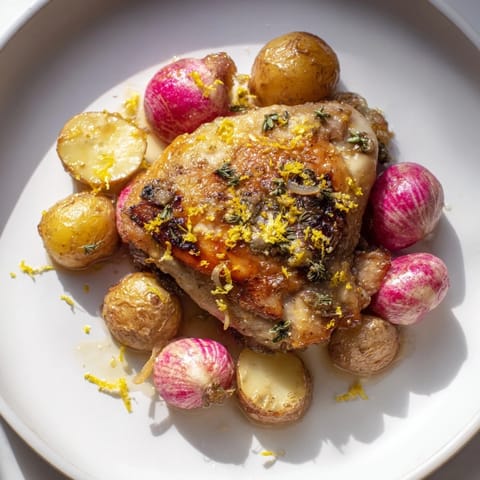 Juicy roasted radishes and tender chicken thighs on a sheet pan, served with fresh parsley garnish.