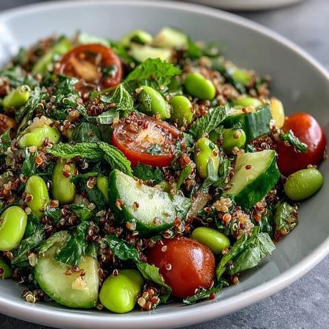 A close-up of Edamame and Quinoa Salad in a white bowl, featuring bright red cherry tomatoes, diced cucumber, and red bell pepper mixed with fluffy quinoa and tender edamame, drizzled with a glossy citrus vinaigrette.  