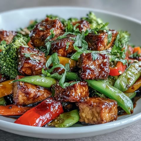 Golden-brown tempeh and colorful vegetables in a delicious stir-fry sauce.