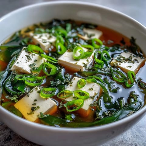Steaming bowl of Miso Soup With Tofu, featuring silky tofu cubes and tender wakame seaweed in a warm, savory broth.  