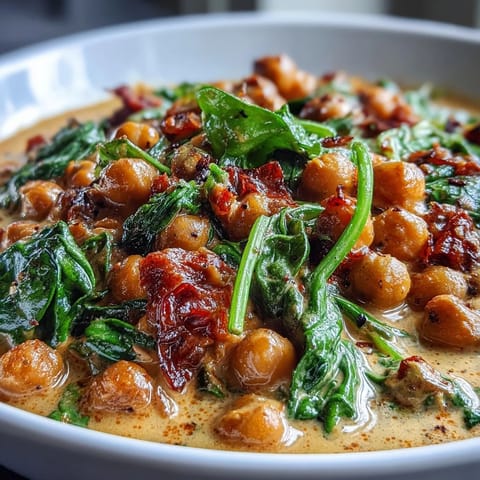 Steaming chickpea curry in a rustic skillet with vibrant spices and tender spinach leaves, ready to serve.  
