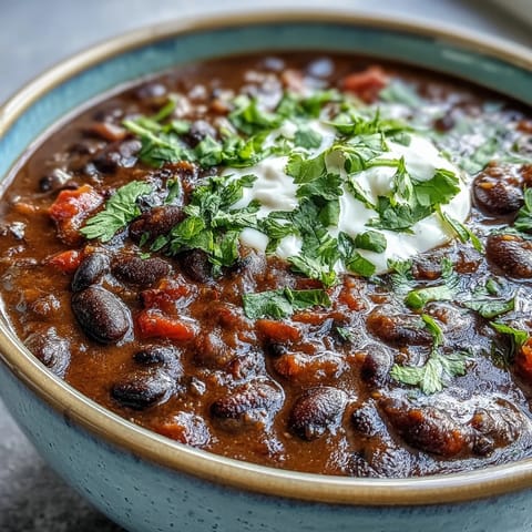Black Bean Soup simmers with spices in a pot, ready for a hearty vegetarian meal.