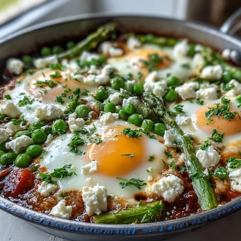 Runny eggs nestle in Pea and Broad Bean Shakshuka, surrounded by peas, broad beans, and a lightly spiced tomato sauce.