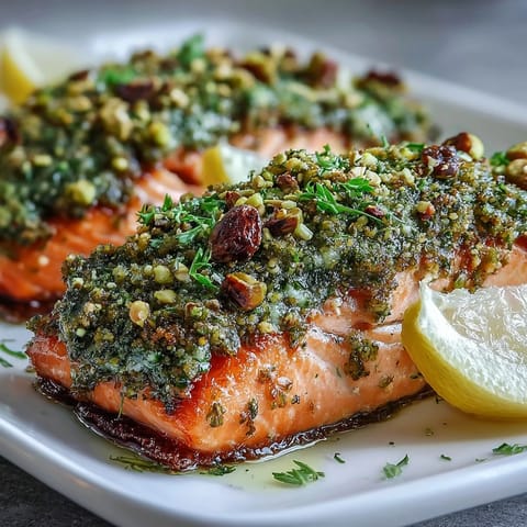 Tender, slow-poached Confit Salmon With Tahini, Pistachio and Herb Crust fillets ready to serve with lemon wedges.