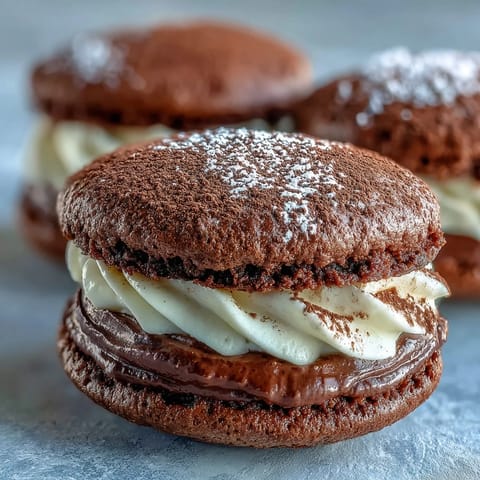 Two halves of a Tiramisu Whoopie Pie reveal rich coffee mascarpone cream nestled between cakey cocoa cookies.