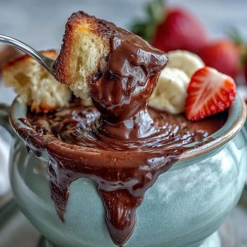 Decadent Boozy Chocolate Fondue bubbling in a fondue pot surrounded by strawberries and pound cake.