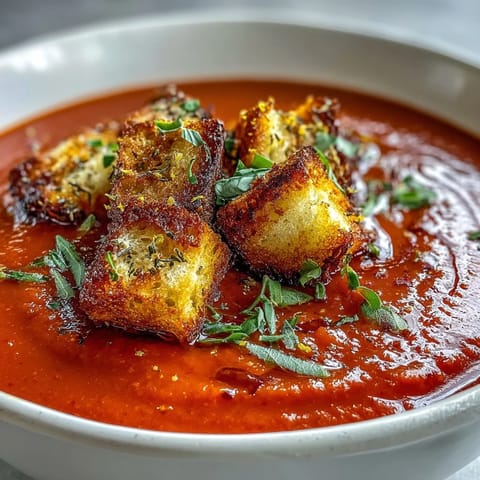 A close-up of creamy Roasted Red Pepper Soup with Crispy Croutons topping, highlighting the vibrant red broth and golden breadcrumbs.