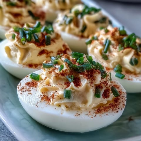 A close-up shows piping bag filled Million Dollar Deviled Eggs, golden filling mounded high with a sprinkle of paprika.