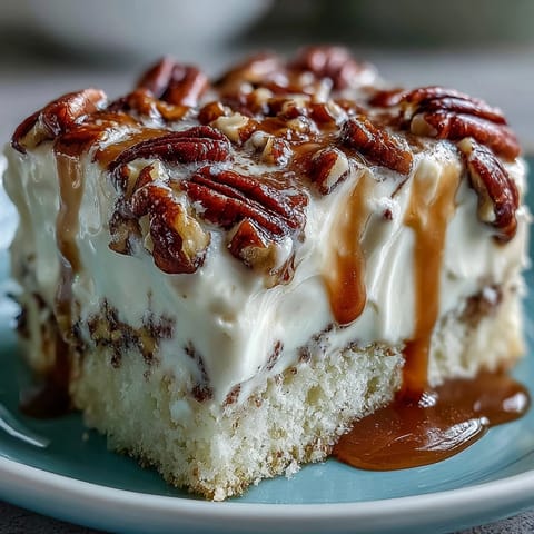 A moist slice of Butter Pecan Tres Leches Cake topped with caramelized nuts and sweet cream.  