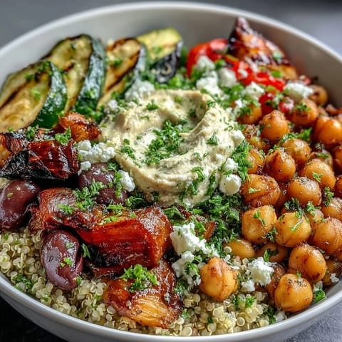 A vibrant Mediterranean Buddha Bowl features creamy hummus, tangy Greek yogurt, and crumbled feta over hearty quinoa and warm roasted vegetables.