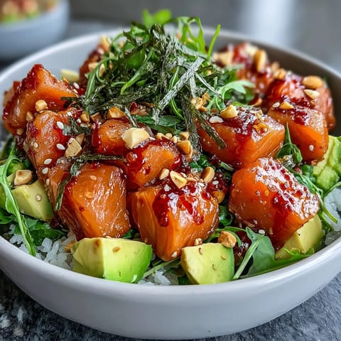 Crisp cucumber, chopped peanuts, and nori strips top this vibrant Avocado Salmon Bowl, served with lime wedges for a bright finish.