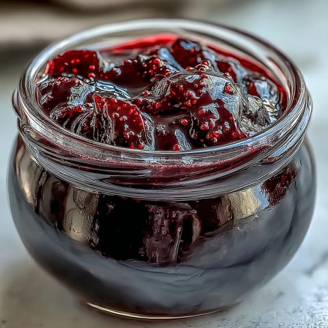 A jar of homemade Black Currant Jelly, with a shiny, deep purple scoop served on a fresh buttermilk biscuit.