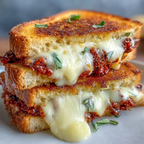 Sun-Dried Tomato Pesto Grilled Cheese sandwich cut diagonally, revealing layers of rich red pesto and creamy cheese.