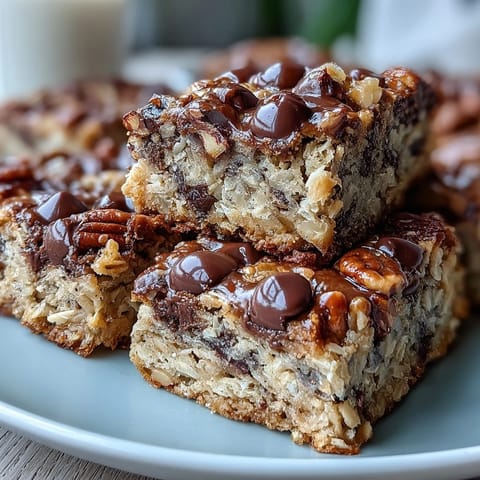Golden-brown oatmeal bars studded with chocolate chips, resting on a wire rack for a delicious snack.